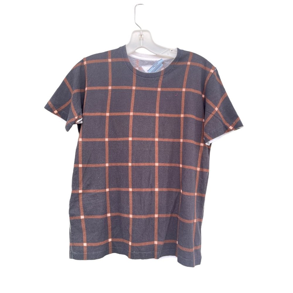 Vintage Prada women’s Large‎ T-shirt Plaid Brown Triangle top Stripes
